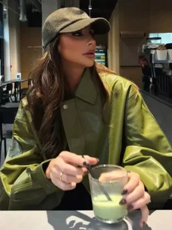 Veste aviateur en similicuir à col rabattu vert pour femme vêtement d'extérieur de printemps 2026