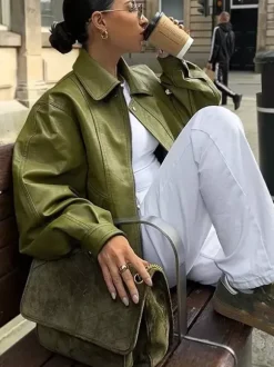 Veste aviateur en similicuir à col rabattu vert pour femme vêtement d'extérieur de printemps 2026