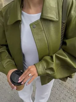 Veste aviateur en similicuir à col rabattu vert pour femme vêtement d'extérieur de printemps 2026