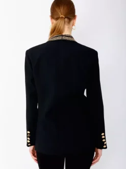 Veste blazer à manches longues croisée à revers châle orné de perles dorées pour femme