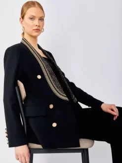 Veste blazer à manches longues croisée à revers châle orné de perles dorées pour femme