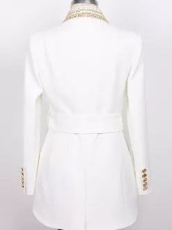 Veste blazer à manches longues croisée à revers châle orné de perles dorées pour femme