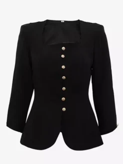 Veste blazer boutonnée à col carré avec boutons dorés haut noir slim fit pour femme 2026