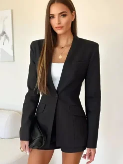 Veste blazer noire classique pour femme col en V un bouton coupe slim vêtements d'extérieur de printemps 2026
