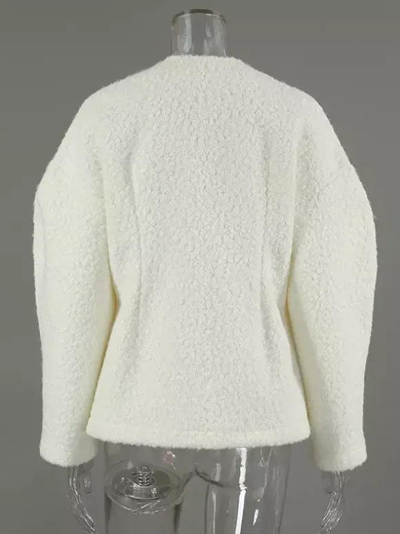 Veste courte blanche en bouclette pour femme - Élégante veste d'extérieur à col V manches bouffantes et coupe ajustée - Chic français pour le printemps 2026