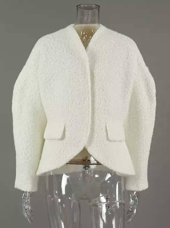 Veste courte blanche en bouclette pour femme - Élégante veste d'extérieur à col V manches bouffantes et coupe ajustée - Chic français pour le printemps 2026
