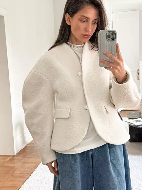 Veste courte blanche en bouclette pour femme - Élégante veste d'extérieur à col V manches bouffantes et coupe ajustée - Chic français pour le printemps 2026