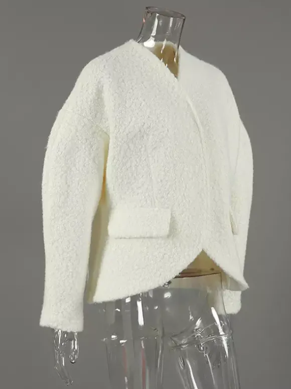 Veste courte blanche en bouclette pour femme - Élégante veste d'extérieur à col V manches bouffantes et coupe ajustée - Chic français pour le printemps 2026