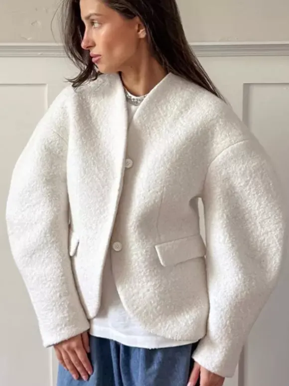 Veste courte blanche en bouclette pour femme - Élégante veste d'extérieur à col V manches bouffantes et coupe ajustée - Chic français pour le printemps 2026