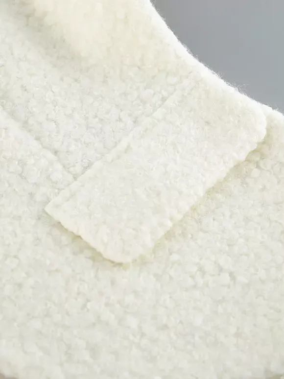 Veste courte blanche en bouclette pour femme - Élégante veste d'extérieur à col V manches bouffantes et coupe ajustée - Chic français pour le printemps 2026