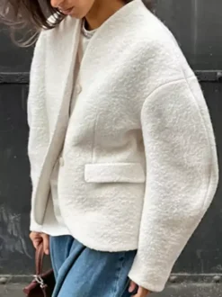 Veste courte blanche en bouclette pour femme - Élégante veste d'extérieur à col V manches bouffantes et coupe ajustée - Chic français pour le printemps 2026