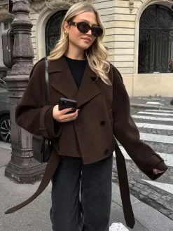 Veste courte croisée pour femme - Coupe courte chic ceinturée - Style streetwear décontracté et luxueux pour le printemps 2026