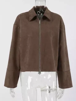 Veste courte femme en daim moka - Fermeture éclair minimaliste col polo coupe carrée - Idéale pour un look streetwear printanier décontracté (collection printemps 2026)