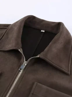 Veste courte zippée en daim marron avec poches pour femme (2026)