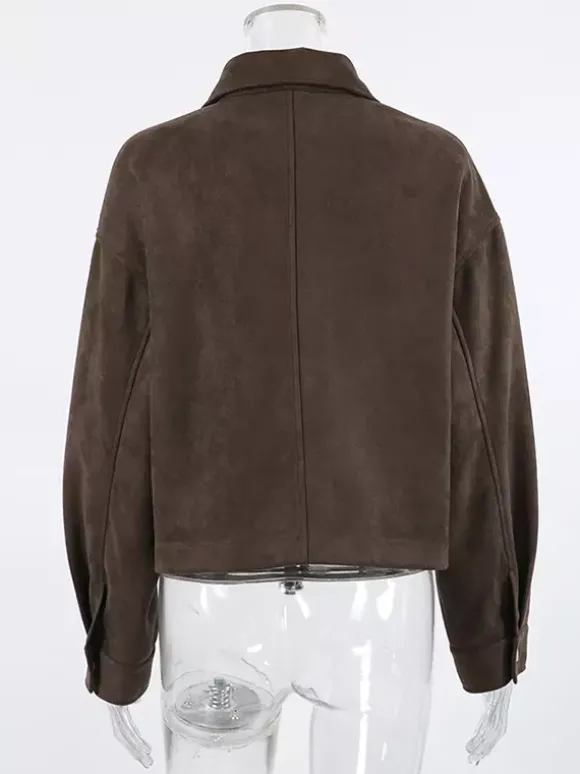 Veste courte zippée en daim marron avec poches pour femme (2026)