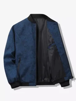 Veste de baseball pour homme col imprimé feuille d'érable manches longues poignets élastiques poches latérales zippées veste légère