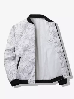 Veste de baseball pour homme col imprimé feuille d'érable manches longues poignets élastiques poches latérales zippées veste légère