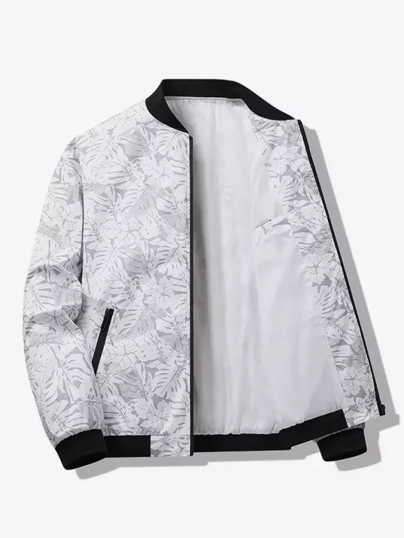 Veste de baseball pour homme col imprimé feuille d'érable manches longues poignets élastiques poches latérales zippées veste légère