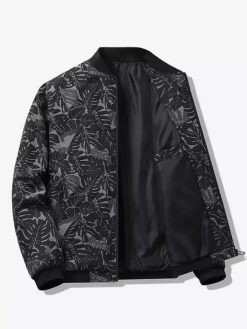 Veste de baseball pour homme col imprimé feuille d'érable manches longues poignets élastiques poches latérales zippées veste légère