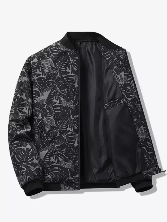 Veste de baseball pour homme col imprimé feuille d'érable manches longues poignets élastiques poches latérales zippées veste légère