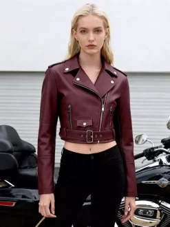 Veste de motard courte multicolore revers fermeture éclair diagonale ceinture vêtement d'extérieur en similicuir