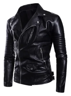 Veste de moto en cuir pour homme Veste en cuir slim asymétrique à fermeture éclair