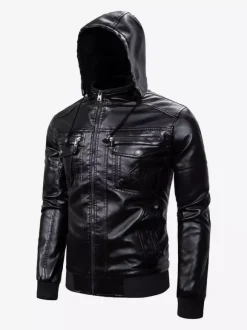 Veste en cuir pour homme coupe-vent décontracté à col montant avec poches zippées