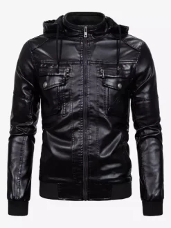 Veste en cuir pour homme coupe-vent décontracté à col montant avec poches zippées