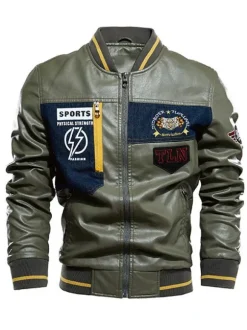 Veste en cuir pour homme simple zippée imprimée col montant coupe-vent veste bomber