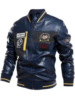 Veste en cuir pour homme simple zippée imprimée col montant coupe-vent veste bomber