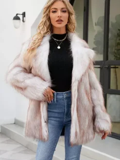 Veste en fausse fourrure à revers cranté et manches longues Manteau d'hiver écologique pour femme 2026