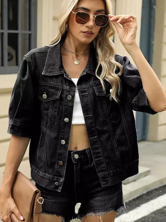 Veste en jean à manches bouffantes pour femme - Manteau trucker court rétro à manches courtes - Streetwear été printemps 2026