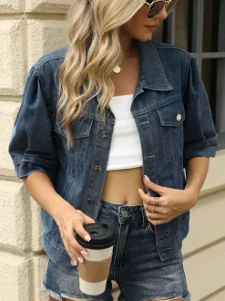Veste en jean à manches bouffantes pour femme - Manteau trucker court rétro à manches courtes - Streetwear été printemps 2026