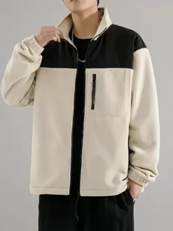 Veste Polaire Homme Manteau À Manches Longues Bicolore Poche Chaud Hiver