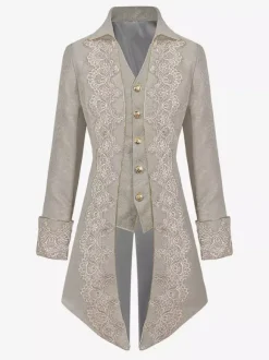 Veste queue-de-pie beige rétro victorienne steampunk en dentelle à manches longues