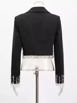 Veste blazer à franges et perles pour femme - Manteau de soirée noir court à revers châle et franges - Printemps 2026