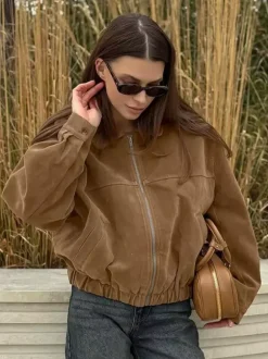 Veste bomber courte vintage pour femme col en daim fermeture éclair poignets élastiques