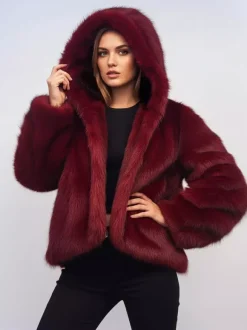 Veste à capuche en fausse fourrure bordeaux pour femme 2026