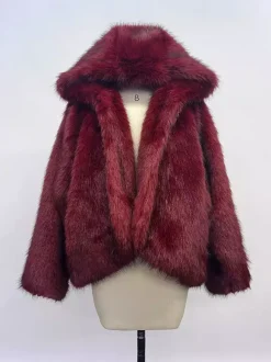 Veste à capuche en fausse fourrure bordeaux pour femme 2026
