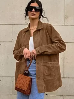 Veste-chemise femme en faux daim beige - Haut oversize rétro à poches cargo - Style streetwear décontracté printemps 2026