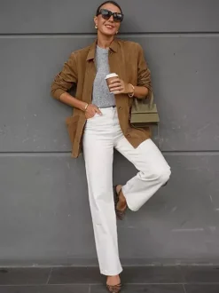 Veste-chemise femme en faux daim beige - Haut oversize rétro à poches cargo - Style streetwear décontracté printemps 2026
