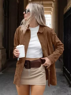Veste-chemise femme en faux daim beige - Haut oversize rétro à poches cargo - Style streetwear décontracté printemps 2026