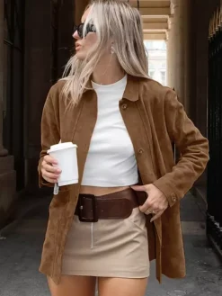 Veste-chemise femme en faux daim beige - Haut oversize rétro à poches cargo - Style streetwear décontracté printemps 2026