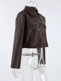 Veste courte femme en similicuir marron - Haut rétro à revers et boutons coupe carrée - Tenues décontractées printemps 2026