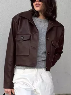 Veste courte femme en similicuir marron - Haut rétro à revers et boutons coupe carrée - Tenues décontractées printemps 2026
