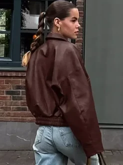 Veste de motarde femme en similicuir - Manteau moto rétro oversize à col à revers - Fermeture éclair vintage - Collection printemps 2026