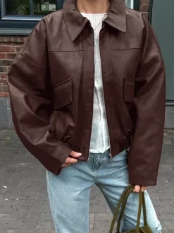 Veste de motarde femme en similicuir - Manteau moto rétro oversize à col à revers - Fermeture éclair vintage - Collection printemps 2026