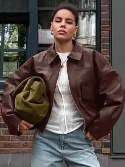 Veste de motarde femme en similicuir - Manteau moto rétro oversize à col à revers - Fermeture éclair vintage - Collection printemps 2026