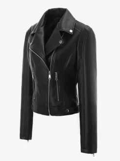 Veste de moto courte quatre couleurs col à revers fermeture éclair diagonale coupe ajustée manches longues vêtement d'extérieur