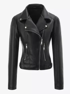 Veste de moto courte quatre couleurs col à revers fermeture éclair diagonale coupe ajustée manches longues vêtement d'extérieur